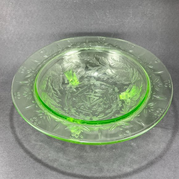 Vtg US Glass Rose Thorn Green Depression Vaseline Uranium Bowl 3 Toe Footed 30s - Picture 4 of 16